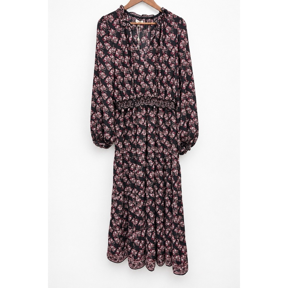 Max Studio Boho Prairie Floral Maxi Dress Ruffle Black Pink XL NWT - Picture 2 of 8